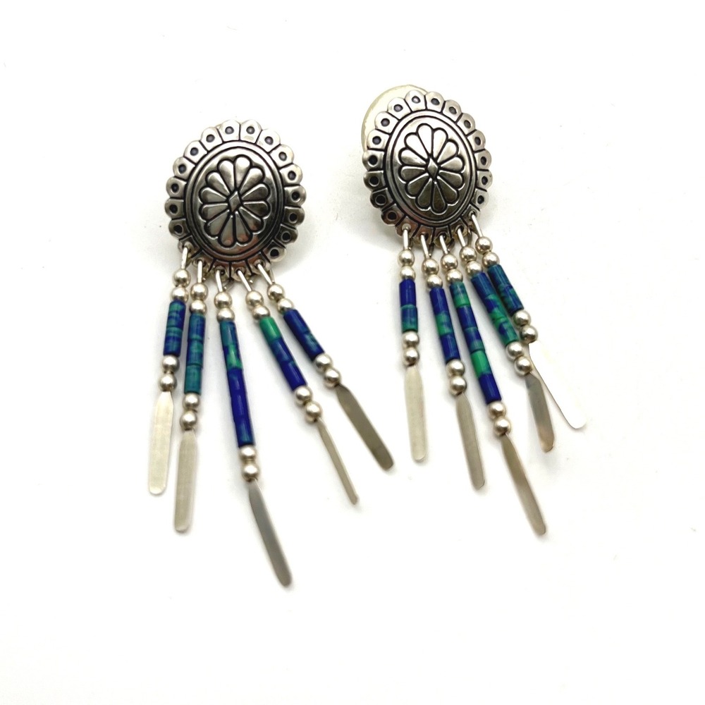 Q.T. Sterling Silver .925 Southwestern Concho Fringe Beaded Earrings Blue Green
